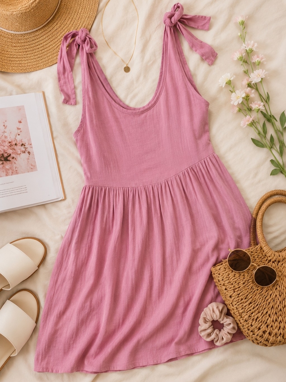 Pink Tie Strap Mini Dress XS Babydoll Flowy Summer Dress